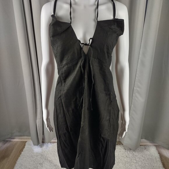 Forever 21+ Black Linen Blend Midi Dress Spaghetti Strap Tie Front Size 3X - Picture 3 of 12